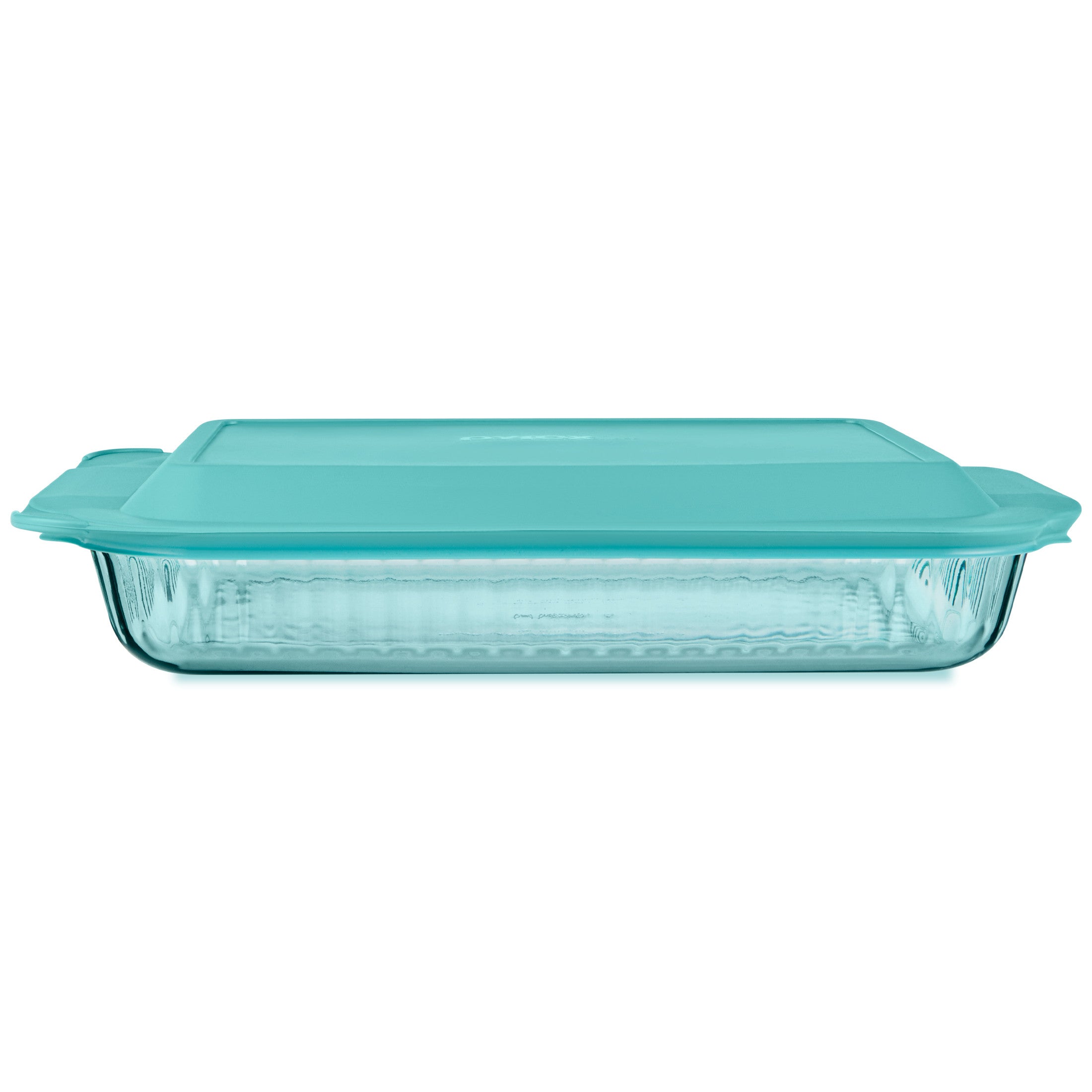 Pyrex Sculpted Tinted Glass 3QT Oblong Baking Dish with Lid. Aqua
