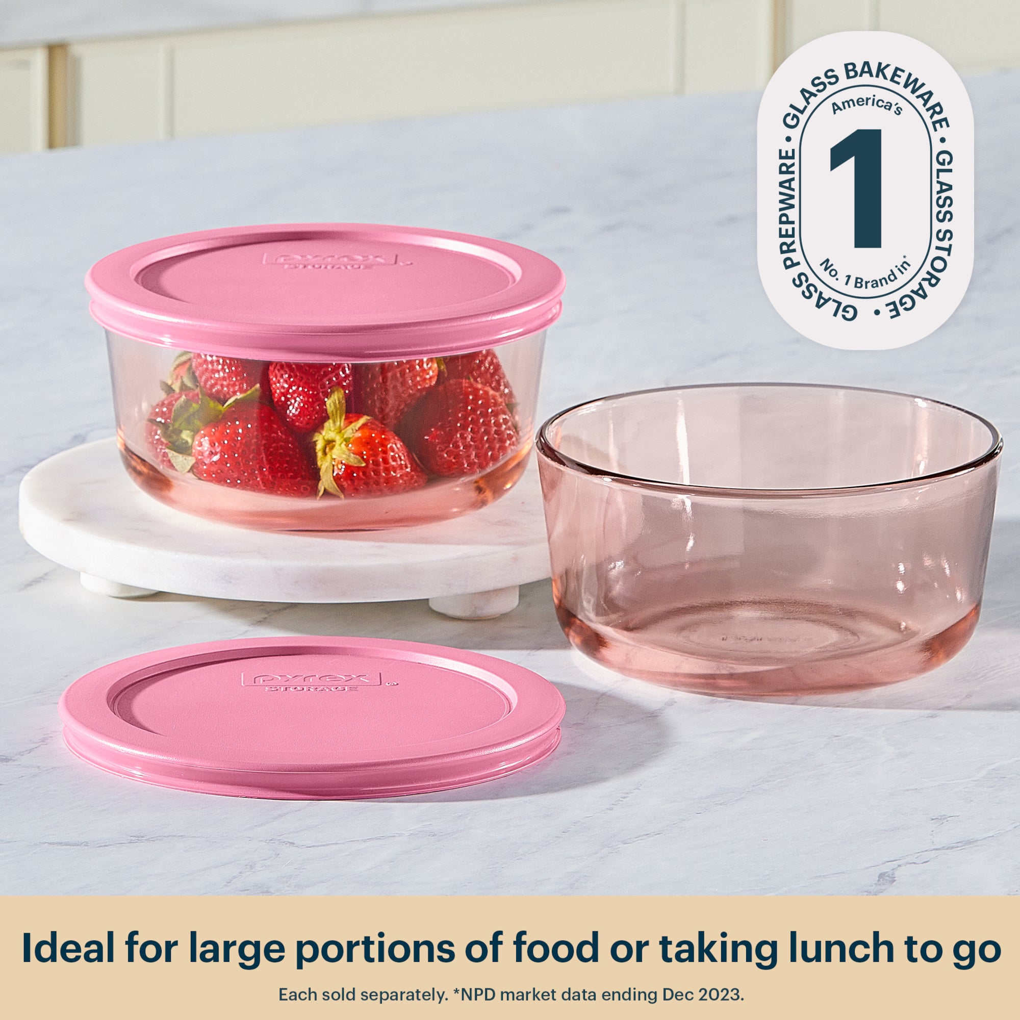 Pyrex Simply Store Tinted Glass 4-cup Round Storage Container with Lid. Pink - Image 3