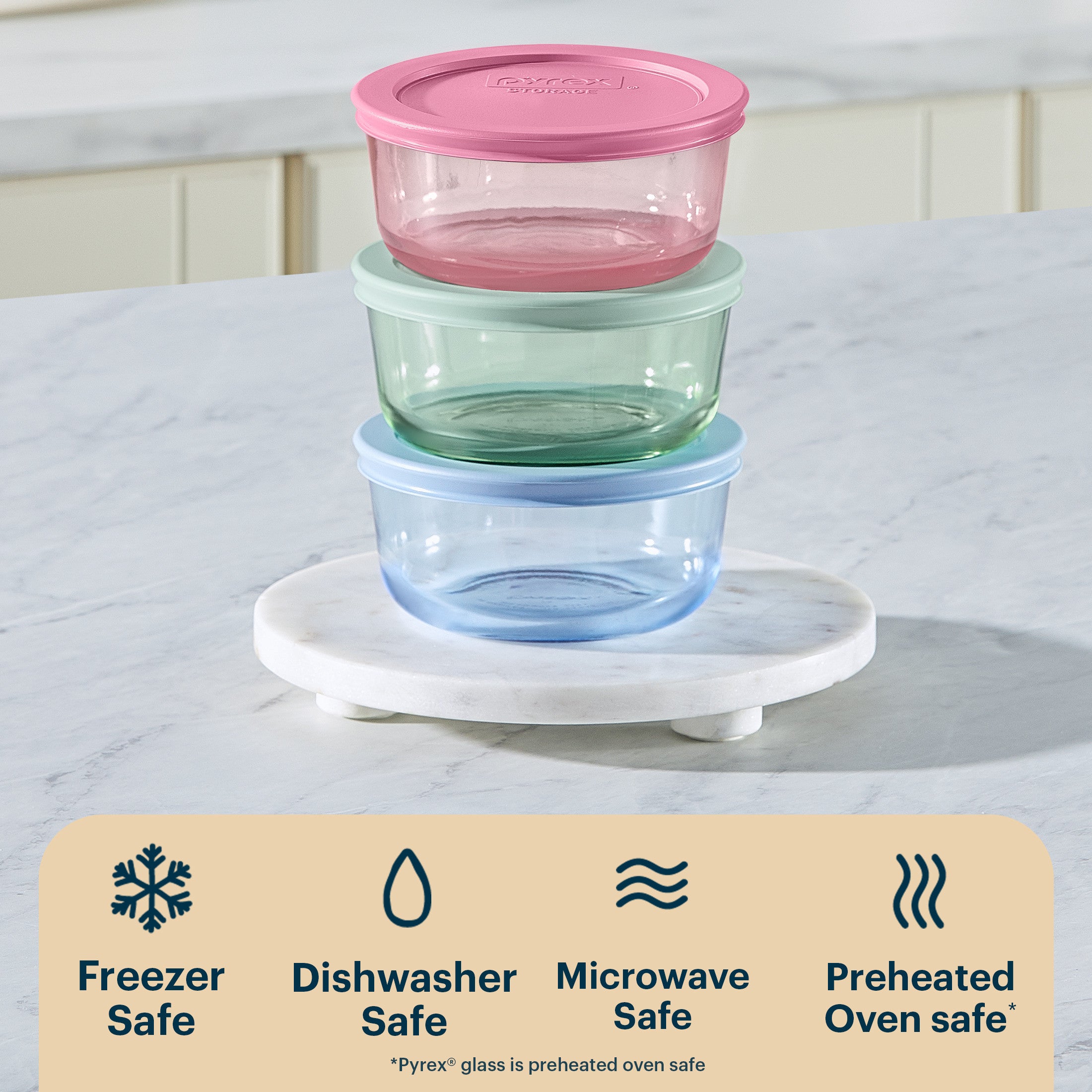 Pyrex Simply Store Tinted Glass 2-cup Round Storage Containers. 6-pc Set. Mixed Colors - Image 4
