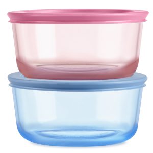 Pyrex Simply Store Tinted Glass 4-cup Round Storage Containers. 4-pc Set. Mixed Colors