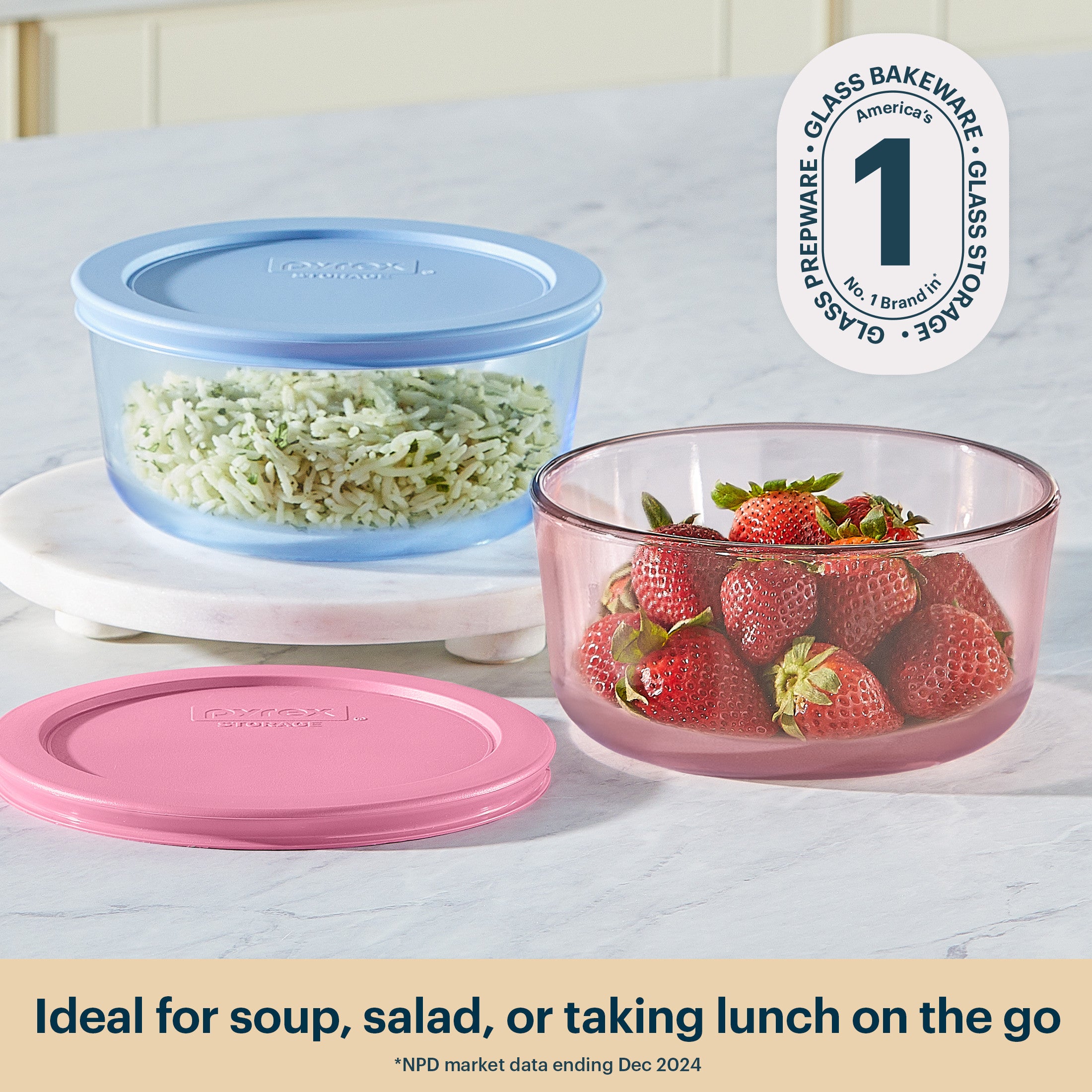 Pyrex Simply Store Tinted Glass 4-cup Round Storage Containers. 4-pc Set. Mixed Colors - Image 2