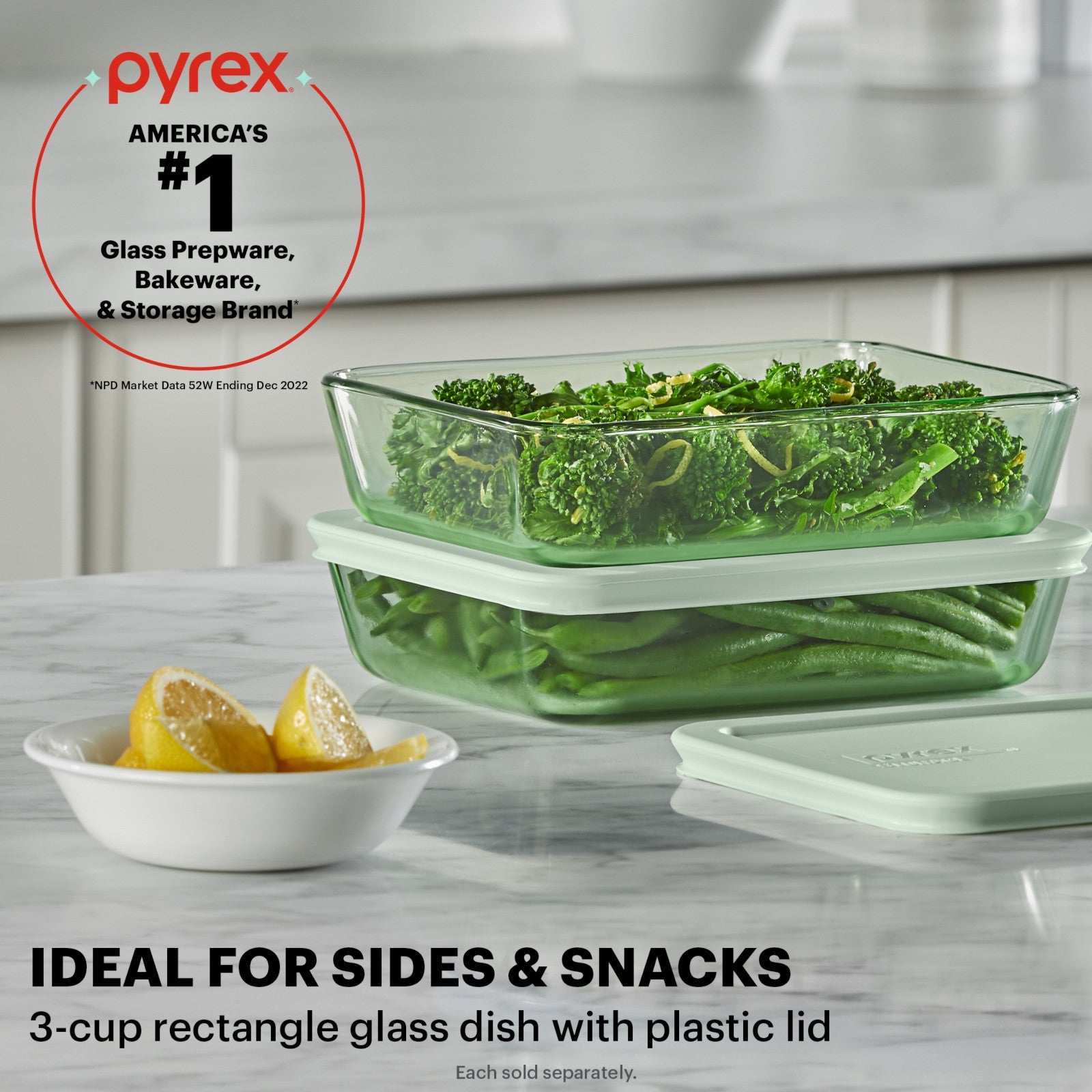 Pyrex Simply Store Tinted 3-cup Rectangle Storage with Green Plastic Lid - Image 2