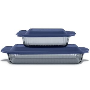 Pyrex Colors Sculpted Tinted 4-piece Baking Set with Plastic Lids. Smoke