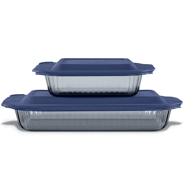 Pyrex Colors Sculpted Tinted 4-piece Baking Set with Plastic Lids. Smoke