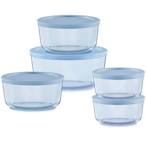 Pyrex? Simply Store? Tinted 10-piece Round Storage Set with Blue Plastic Lids