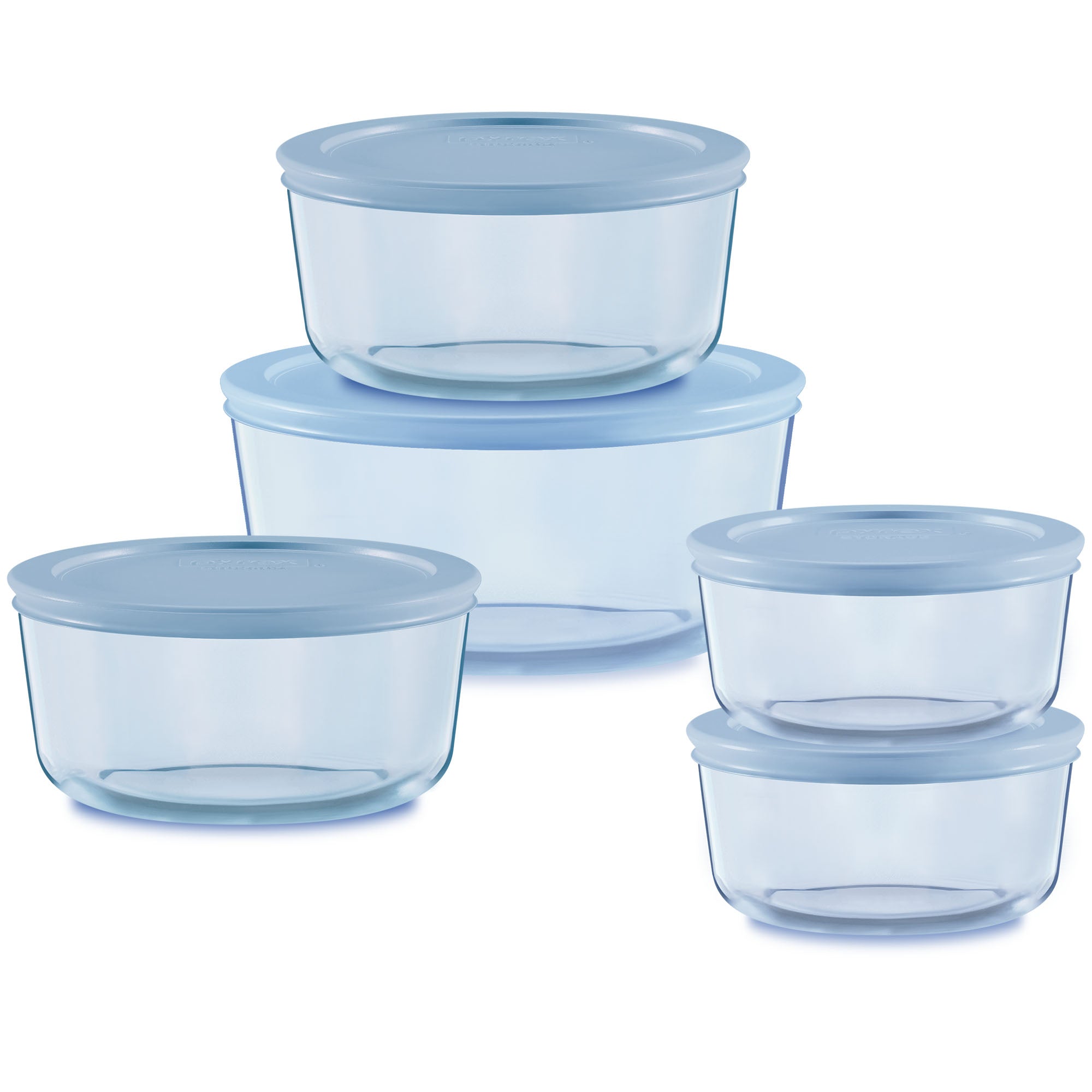 Pyrex Simply Store Tinted 10-piece Round Storage Set with Blue Plastic Lids