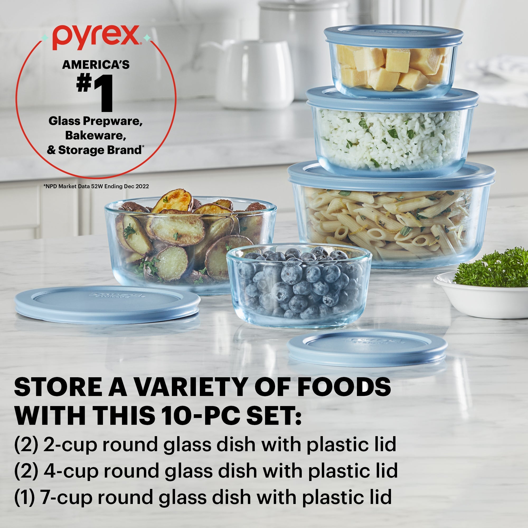 Pyrex Simply Store Tinted 10-piece Round Storage Set with Blue Plastic Lids - Image 2
