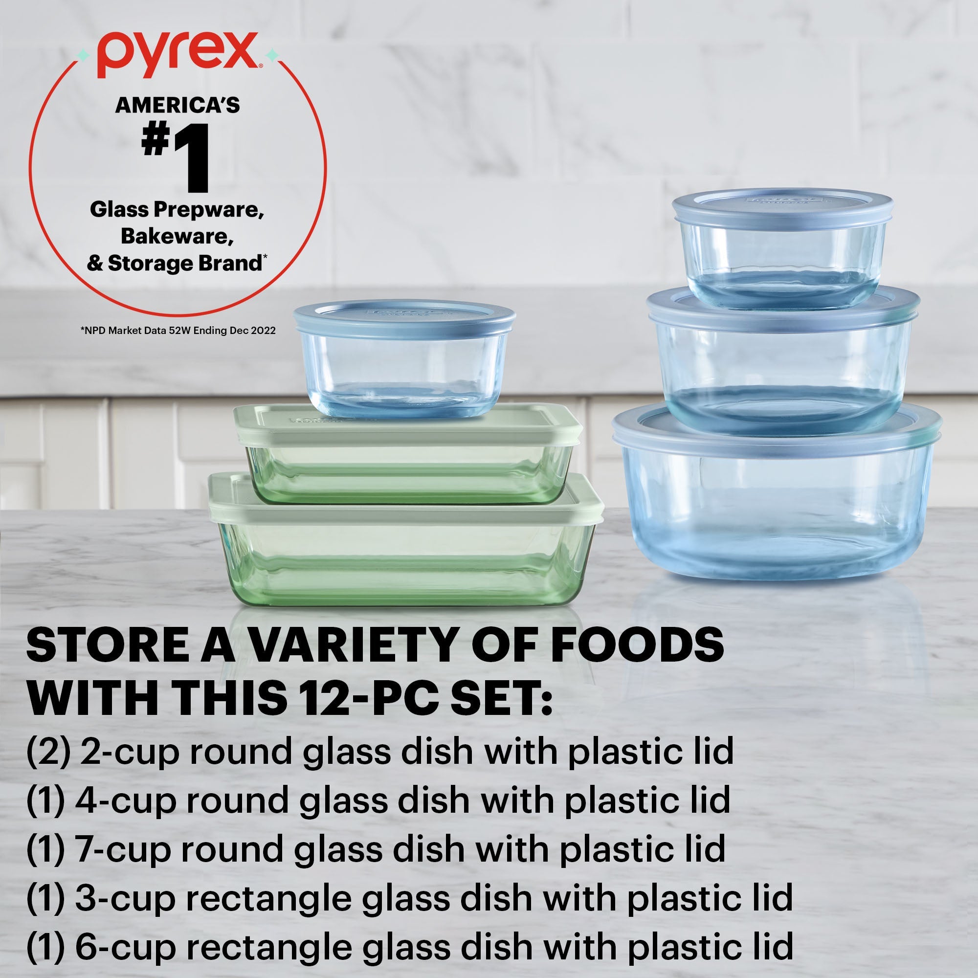Pyrex Simply Store Tinted 12-piece Storage Set with Plastic Lids. Green and Blue - Image 2